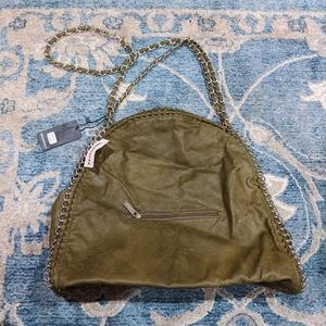 Olive Green Faux Leather Bag with Chain Details